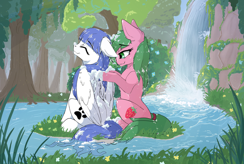 Size: 4662x3143 | Tagged: safe, artist:wbp, derpibooru import, oc, oc:pine berry, oc:snow pup, unofficial characters only, earth pony, pegasus, pony, bath, bathing, eyes closed, female, floppy ears, forest, image, mare, png, scrubbing, sitting, smiling, soap bubble, tree, water, waterfall, wet, wet mane