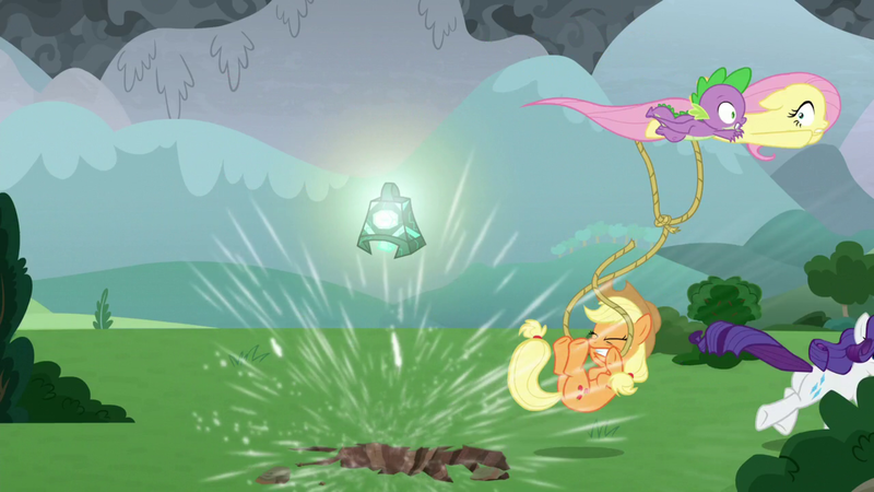 Size: 1920x1080 | Tagged: safe, derpibooru import, screencap, applejack, fluttershy, rarity, spike, dragon, earth pony, the ending of the end, bell, grogar's bell, hooves up, image, lasso, png, rope, running away, winged spike