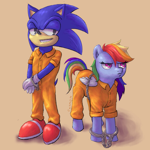 Size: 1280x1280 | Tagged: safe, artist:catmom2020, derpibooru import, bound wings, chained, clothes, cuffs, duo, frustrated, image, jpeg, prisoner rd, prison outfit, smiling, smirk, sonic the hedgehog, sonic the hedgehog (series), wings