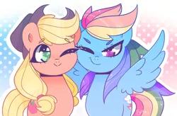 Size: 1280x841 | Tagged: safe, artist:euphoriapony, derpibooru import, applejack, rainbow dash, earth pony, pegasus, pony, appledash, cute, dashabetes, female, image, jackabetes, lesbian, one eye closed, png, shipping