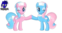 Size: 7680x4154 | Tagged: safe, artist:damlanil, derpibooru import, aloe, lotus blossom, earth pony, pony, duo, eyes closed, eyeshadow, female, hoofbump, image, makeup, mare, one eye closed, png, shiny mane, show accurate, siblings, simple background, sisters, spa pony, spa twins, transparent background, vector, wink