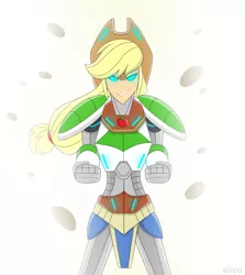 Size: 1535x1721 | Tagged: safe, artist:elioo, derpibooru import, applejack, robot, equestria girls, blue eyes, clenched fist, crossover, cybertronian, equestria bots, female, floating rocks, glowing eyes, image, jpeg, simple background, smiling, solo, species swap, transformerfied, transformers, transformers prime, transformers robots in disguise (2015), white background