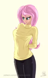 Size: 1200x1920 | Tagged: safe, artist:cherrymocaccino, artist:zuko42, derpibooru import, fluttershy, human, art pack:music album 'e.g.8 themes', equestria girls, adorasexy, arm behind back, blushing, breasts, busty fluttershy, clothes, cute, eyeshadow, female, humanized, image, makeup, pants, png, sexy, shyabetes, solo