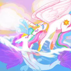 Size: 1000x1000 | Tagged: safe, artist:kindestegg, derpibooru import, princess celestia, queen novo, alicorn, pony, seapony (g4), my little pony: the movie, bioluminescent, cloud, colored pupils, crown, duo, duo female, eyelashes, female, fin wings, fins, fish tail, flowing mane, flowing tail, flying, hoof shoes, horn, image, jewelry, lesbian, looking at each other, necklace, novolestia, ocean, png, purple eyes, regalia, shipping, sky, smiling, swimming, tail, underwater, water, wings