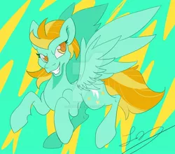 Size: 1280x1127 | Tagged: safe, artist:jynsherlock, derpibooru import, lightning dust, pegasus, pony, cutie mark background, deviantart watermark, female, grin, image, jpeg, mare, obtrusive watermark, signature, smiling, smirk, solo, spread wings, watermark, wings