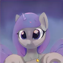 Size: 1024x1024 | Tagged: safe, artist:thisponydoesnotexist, derpibooru import, machine learning generated, pony, unicorn, artificial intelligence, blue eyes, cute, female, horn, image, jpeg, looking at you, neural network, small horn, smiling, solo