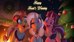 Size: 3416x1921 | Tagged: safe, artist:light262, derpibooru import, starlight glimmer, sunset shimmer, trixie, pony, unicorn, cheek fluff, christmas, christmas tree, cute, ear fluff, female, fire, fireplace, happy hearth's warming, hearth's warming, holiday, image, leg fluff, looking at you, magical trio, mare, misspelling, mistletoe, mouth hold, no pupils, one eye closed, open mouth, png, smiling, tree, trio, wink