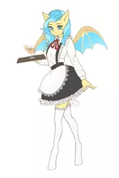 Size: 2000x3000 | Tagged: safe, artist:slh, derpibooru import, oc, anthro, bat pony, blue hair, clothes, cocktail, image, maid, png, socks, solo, stockings, thigh highs, tray, waiter, wings