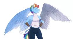 Size: 5883x3134 | Tagged: safe, artist:shimazun, derpibooru import, rainbow dash, anthro, pony, fanfic:my little pony: the unexpected future, the cutie re-mark, alternate timeline, amputee, apocalypse dash, armor, artificial wings, augmented, badass, cheek fluff, clothes, commission, crystal war timeline, female, frown, glare, image, png, prosthetic limb, prosthetic wing, prosthetics, simple background, solo, white background, wings