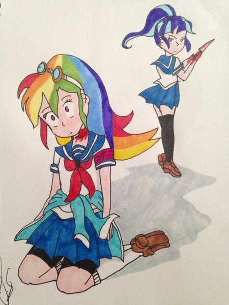 Size: 500x667 | Tagged: semi-grimdark, artist:anastasiaserya, derpibooru import, rainbow dash, starlight glimmer, human, asu rito, ayano aishi, blood, clothes, crossover, dead, humanized, image, jpeg, knife, sailor uniform, school uniform, shadow, simple background, skirt, uniform, yandere, yandere glimmer, yandere simulator