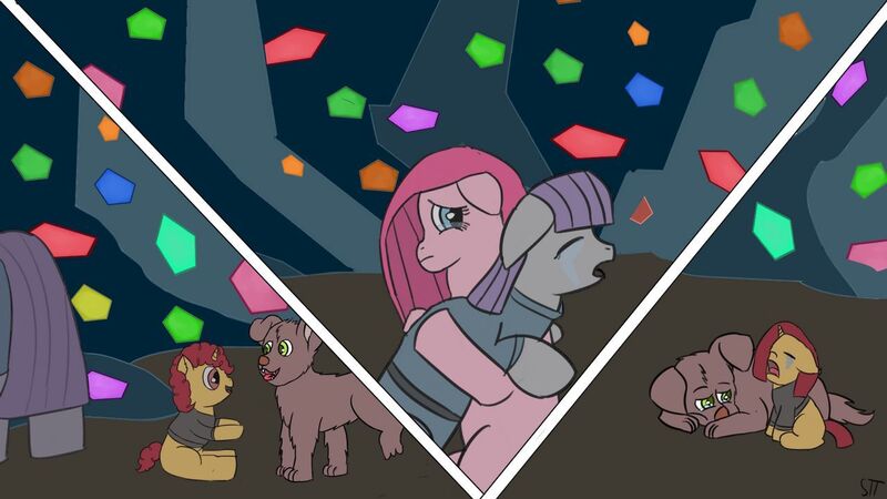 Size: 1280x720 | Tagged: safe, artist:schumette14, derpibooru import, pinkie pie, oc, oc:corindonna, oc:miranda, oc:sam, adoption, cave, crying, image, jpeg, lost, next generation, offspring, parent:maud pie, parent:mud briar, parents:maudbriar, pinkamena diane pie, sad, story included