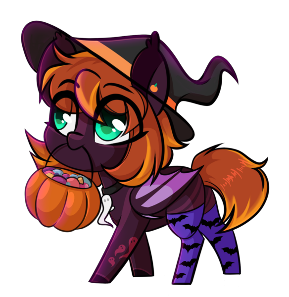 Size: 1280x1315 | Tagged: safe, artist:cloud-fly, derpibooru import, oc, oc:hallow's eve, bat pony, pony, chibi, clothes, female, hat, image, mare, mouth hold, png, pumpkin bucket, simple background, socks, solo, transparent background, witch hat