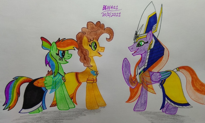 Size: 3913x2340 | Tagged: safe, artist:bsw421, derpibooru import, cheese sandwich, oc, oc:lighting chaser, earth pony, pegasus, pony, armband, clothes, egyptian, egyptian pony, headdress, image, jewelry, jpeg, makeup, multicolored hair, necklace, pharaoh, rainbow hair, skirt, solo