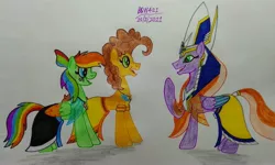 Size: 3913x2340 | Tagged: safe, artist:bsw421, derpibooru import, cheese sandwich, oc, oc:lighting chaser, earth pony, pegasus, pony, armband, clothes, egyptian, egyptian pony, headdress, image, jewelry, jpeg, makeup, multicolored hair, necklace, pharaoh, rainbow hair, skirt, solo