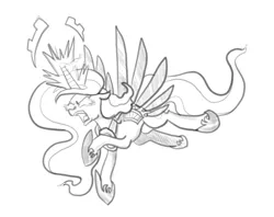 Size: 2152x1708 | Tagged: safe, artist:lummh, derpibooru import, oc, oc:princess tempora, alicorn, alicorn oc, artificial wings, attack pose, augmented, flying, horn, image, jpeg, magic horn, mechanical wing, monochrome, solo, wings