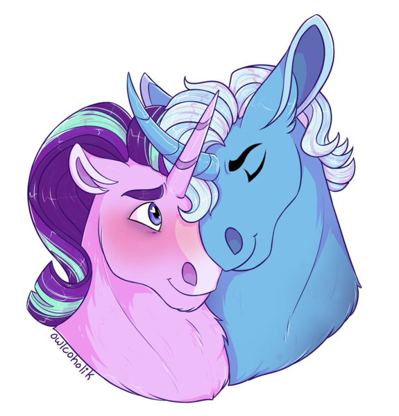 Size: 1500x1566 | Tagged: safe, artist:owlcoholik, derpibooru import, starlight glimmer, trixie, pony, bust, curved horn, female, hoers, horn, image, lesbian, png, portrait, shipping, simple background, startrix, transparent background