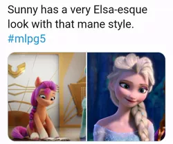 Size: 713x593 | Tagged: safe, derpibooru import, sunny starscout, earth pony, pony, comparison, disney, elsa, frozen (movie), g5, image, jpeg, meta, text, twitter