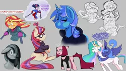 Size: 1920x1080 | Tagged: safe, artist:another_pony, derpibooru import, lyra heartstrings, marble pie, moondancer, princess celestia, princess luna, sci-twi, sunset shimmer, twilight sparkle, ponified, alicorn, earth pony, pony, unicorn, fanfic:background pony, equestria girls, art dump, blushing, bodysuit, butt, clone high, clothes, dialogue, dig the swell hoodie, female, gray background, hoodie, hooves around shoulder, hug, image, joan of arc, jpeg, lesbian, looking at you, open mouth, s1 luna, scitwishimmer, shipping, siblings, simple background, simpsons did it, sisters, sitting, skintight clothes, speech bubble, stupid sexy flanders, stupid sexy moondancer, stupid sexy sci-twi, stupid sexy twilight, sunsetsparkle, text