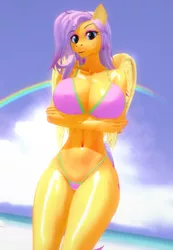 Size: 728x1051 | Tagged: suggestive, artist:epicdragon, derpibooru import, fluttershy, anthro, pegasus, 3d, armpits, beach, belly button, big breasts, bikini, breasts, busty fluttershy, clothes, cloud, crossed arms, curvy, cutie mark, eyelashes, female, huge breasts, image, koikatsu, looking at you, ocean, png, pose, rainbow, sky, solo, solo female, spread wings, standing, swimsuit, thighs, wide hips, wings