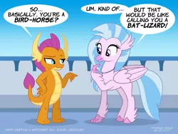 Size: 1200x900 | Tagged: safe, artist:tim-kangaroo, derpibooru import, silverstream, smolder, dragon, hippogriff, equestria daily, dialogue, duo, duo female, female, image, png, pointing, smiling, speech bubble