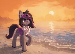 Size: 2032x1462 | Tagged: safe, artist:koviry, derpibooru import, part of a set, oc, oc:mimicry, unofficial characters only, changeling, beach, changeling oc, commission, image, jpeg, purple changeling, raised hoof, scenery, smiling, solo, sun, water, ych result