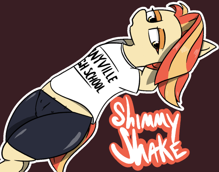 Size: 1144x898 | Tagged: questionable, artist:pinkberry, derpibooru import, shimmy shake, earth pony, pony, breasts, cleavage, clothes, crotch cleavage, crotchboobs, female, gym shorts, image, mare, nudity, png, shirt, shorts, simple background, skintight clothes, solo, t-shirt, text, tight clothing