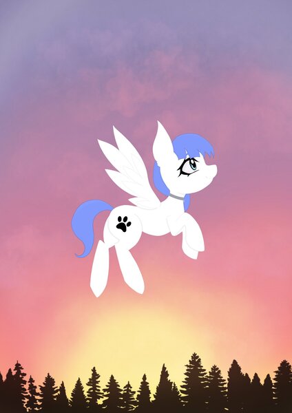 Size: 1448x2048 | Tagged: safe, artist:mantatsubasa_, derpibooru import, oc, oc:snow pup, pegasus, pony, collar, eyelashes, female, flying, image, jpeg, looking up, mare, paw prints, pegasus oc, smiling, spread wings, sunset, tree, wings