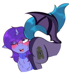 Size: 675x729 | Tagged: suggestive, artist:naaltive, derpibooru import, oc, oc:belfry towers, oc:seafood dinner, unofficial characters only, bat pony, unicorn, blushing, blushing profusely, commission, female, image, lesbian, png, simple background, transparent background, ych result
