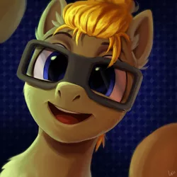 Size: 2480x2480 | Tagged: safe, artist:loonya, derpibooru import, oc, oc:donnik, unofficial characters only, pegasus, pony, abstract background, bun, glasses, image, looking at you, open mouth, pegasus oc, png, smiling, solo, tied hair, wings