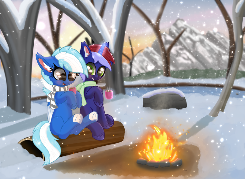 Size: 6000x4391 | Tagged: safe, artist:windykirin, derpibooru import, oc, oc:anny tr3e, oc:exobass, unofficial characters only, pegasus, pony, unicorn, campfire, chocolate, clothes, cute, female, fire, food, hot chocolate, image, log, male, mare, mountain, png, scarf, sitting, snow, snowfall, stallion, tree