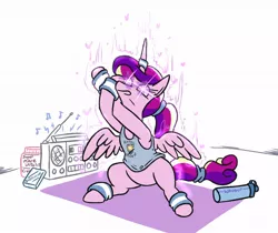 Size: 1070x898 | Tagged: safe, artist:jargon scott, derpibooru import, part of a set, princess cadance, alicorn, pony, boombox, clothes, female, glowing eyes, image, jpeg, mare, ponytail, princess of love, simple background, sitting, solo, stretching, sweatband, tanktop, white background