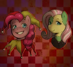 Size: 1200x1100 | Tagged: safe, artist:poofindi, derpibooru import, fluttershy, pinkie pie, frankenstein costume, halloween, halloween costumes, holiday, image, jester, jester costume, jester pie, jpeg, looking at you, simple background, smiling