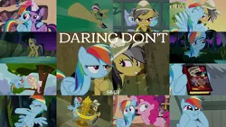 Size: 1964x1105 | Tagged: safe, derpibooru import, edit, edited screencap, editor:quoterific, screencap, daring do, fluttershy, pinkie pie, rainbow dash, twilight sparkle, alicorn, daring don't, book, faic, image, jewelry, png, ring, rings of scorchero, smug, smugdash, twilight's castle, twilight sparkle (alicorn)