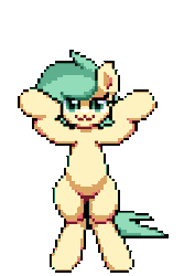 Size: 256x384 | Tagged: safe, artist:bitassembly, derpibooru import, part of a set, oc, oc:basil leaf, unofficial characters only, earth pony, pony, :3, animated, caramelldansen, commission, dancing, female, gif, image, looking at you, mare, pixel art, simple background, solo, transparent background, ych result