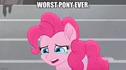 Size: 888x499 | Tagged: safe, artist:pinkiebuser, derpibooru import, edit, edited screencap, screencap, pinkie pie, earth pony, pony, rainbow roadtrip, abuse, caption, crying, female, go to sleep svengallop, image, image macro, jpeg, mare, op is a duck, op is trying to start shit, pinkiebuse, solo, text, worst pony