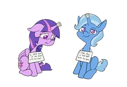 Size: 1000x687 | Tagged: safe, artist:happy harvey, derpibooru import, trixie, twilight sparkle, twilight sparkle (alicorn), alicorn, unicorn, colored pupils, cork, drawn on phone, floppy ears, horn, horn guard, image, implied anon, looking down, png, pony shaming, shame, sign, simple background, sitting, smug, transparent background