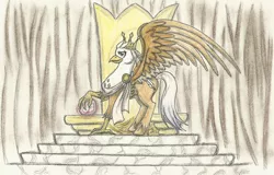 Size: 2492x1598 | Tagged: safe, artist:cindertale, artist:quill-name, derpibooru import, oc, oc:silver quill, unofficial characters only, hippogriff, classical hippogriff oc, crown, hippogriff oc, image, jewelry, jpeg, king, large wings, male, regalia, smiling, solo, spread wings, talons, throne, traditional art, wings