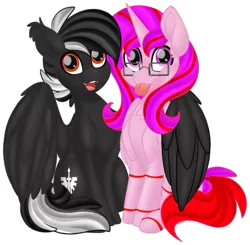 Size: 691x676 | Tagged: safe, artist:missmele-madness, derpibooru import, oc, oc:darkangel, oc:pepto, unofficial characters only, alicorn, pegasus, derpibooru community collaboration, 2021 community collab, alicorn oc, cute, friendship, horn, image, png, simple background, transparent background, wings