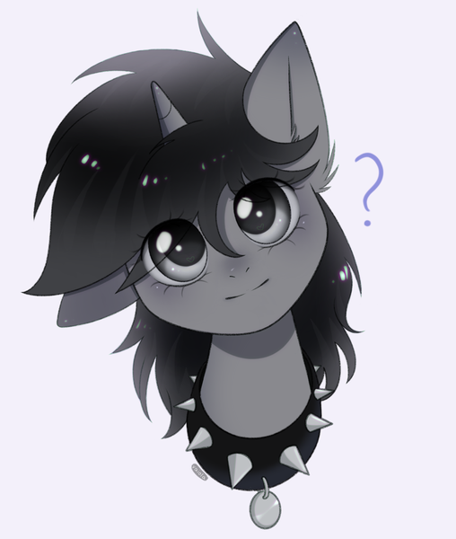 Size: 1295x1530 | Tagged: safe, artist:vaiola, derpibooru import, oc, oc:howl, unofficial characters only, pony, unicorn, advertisement, behaving like a dog, big eyes, bust, collar, commission, cute, eye clipping through hair, eyelashes, female, head only, head tilt, horn, image, looking at you, mare, one ear down, pet play, pet tag, png, portrait, simple background, smiling, solo, watermark, ych result