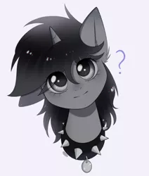 Size: 1295x1530 | Tagged: safe, artist:vaiola, derpibooru import, oc, oc:howl, unofficial characters only, pony, unicorn, advertisement, behaving like a dog, big eyes, bust, collar, commission, cute, eye clipping through hair, eyelashes, female, head only, head tilt, horn, image, looking at you, mare, one ear down, pet play, pet tag, png, portrait, simple background, smiling, solo, watermark, ych result