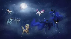 Size: 3700x2063 | Tagged: safe, artist:cvanilda, derpibooru import, princess luna, oc, oc:sky secret, alicorn, pegasus, pony, female, flying, full moon, image, jpeg, mare, moon, night, pegasus oc, peytral, signature, stars, wings