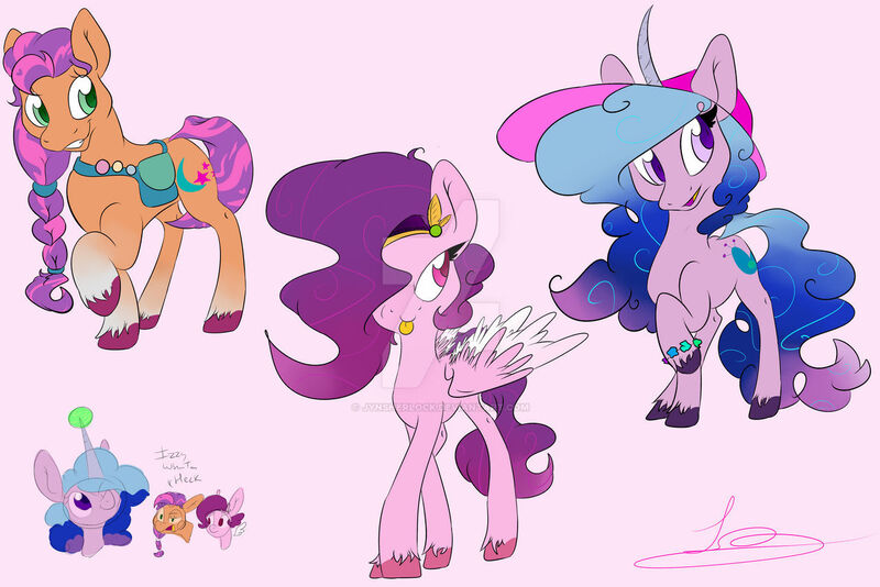 Size: 1280x854 | Tagged: safe, artist:jynsherlock, derpibooru import, izzy moonbow, pipp petals, sunny starscout, earth pony, pegasus, pony, unicorn, deviantart watermark, dialogue, female, g5, horn, horn guard, horn impalement, hornball, image, izzy's tennis ball, jpeg, obtrusive watermark, raised hoof, signature, simple background, tennis ball, tongue out, watermark