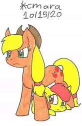 Size: 661x1010 | Tagged: safe, artist:cmara, derpibooru import, apple bloom, applejack, earth pony, pony, applejack's hat, cowboy hat, duo, female, filly, hat, image, jpeg, mare, marker drawing, protecting, siblings, simple background, sisters, traditional art, white background