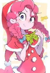 Size: 880x1280 | Tagged: safe, artist:nendo, derpibooru import, pinkie pie, equestria girls, alternate hairstyle, bow, braided pigtails, christmas, clothes, costume, cute, diapinkes, hair bow, hat, holiday, image, png, ribbon, santa costume, santa hat, solo