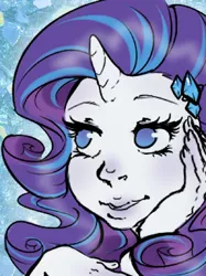 Size: 300x402 | Tagged: safe, artist:homosocks, derpibooru import, rarity, human, bust, cutie mark hair accessory, female, horn, horned humanization, humanized, image, no pupils, png, portrait, solo