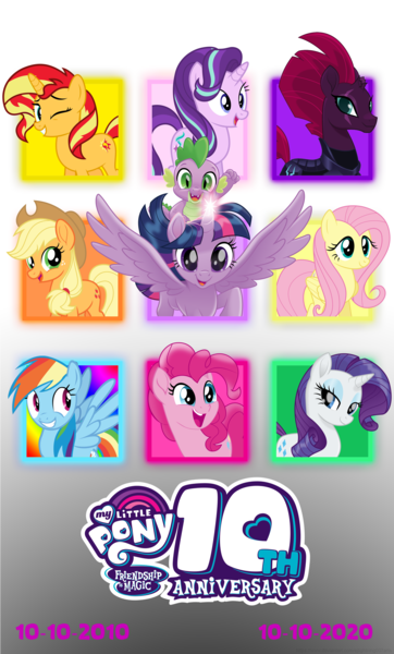 Size: 5139x8514 | Tagged: safe, artist:ejlightning007arts, derpibooru import, applejack, fizzlepop berrytwist, fluttershy, pinkie pie, rainbow dash, rarity, spike, starlight glimmer, sunset shimmer, tempest shadow, twilight sparkle, twilight sparkle (alicorn), alicorn, dragon, earth pony, pegasus, pony, unicorn, 10, 2010, 2020, applejack's hat, armor, broken horn, counterparts, cowboy hat, custom, eyes closed, group, happy, happy birthday mlp:fim, hat, horn, image, irl, mane seven, mane six, mlp fim's tenth anniversary, one eye closed, open mouth, photo, png, poster, spread wings, toy, twilight's counterparts, wings, wink