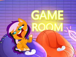 Size: 1080x817 | Tagged: safe, artist:rxndxm.artist, derpibooru import, oc, unofficial characters only, pegasus, pony, my little pony: pony life, :d, base used, bean bag chair, controller, eyelashes, hoof polish, image, indoors, jpeg, open mouth, pegasus oc, raised hoof, sitting, smiling, solo, two toned wings, unshorn fetlocks, volumetric mouth, wings