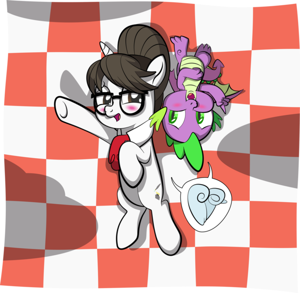 Size: 1920x1874 | Tagged: safe, artist:alexdti, derpibooru import, raven, spike, dragon, unicorn, blushing, cute, female, glasses, hair bun, image, interspecies, looking at each other, male, necktie, older, older spike, picnic, png, ravenspike, secretary, shipping, spikabetes, straight, winged spike