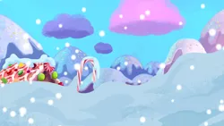 Size: 1280x720 | Tagged: safe, derpibooru import, screencap, hearthbreakers, background, candy, candy cane, equestria, food, gingerbread (food), gingerbread house, image, no pony, png, scenic ponyville, snow, snowfall