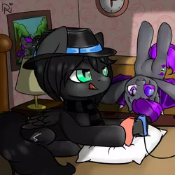 Size: 3000x3000 | Tagged: safe, artist:dark_nidus, derpibooru import, oc, oc:grayhoof, oc:moonlight thunder, bat pony, pegasus, pony, bed, bedroom, clock, clothes, controller, hat, image, jpeg, lamp, laying on bed, lying down, nintendo switch, on bed, picture, pillow, scarf, upside down